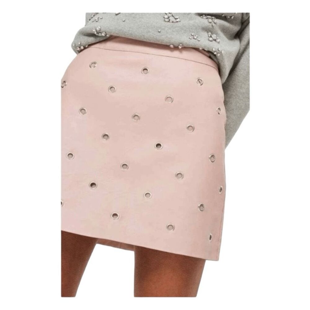 Topshop Mini Skirt Pink Faux Leather Grommet Embellished High Waisted Sz 5